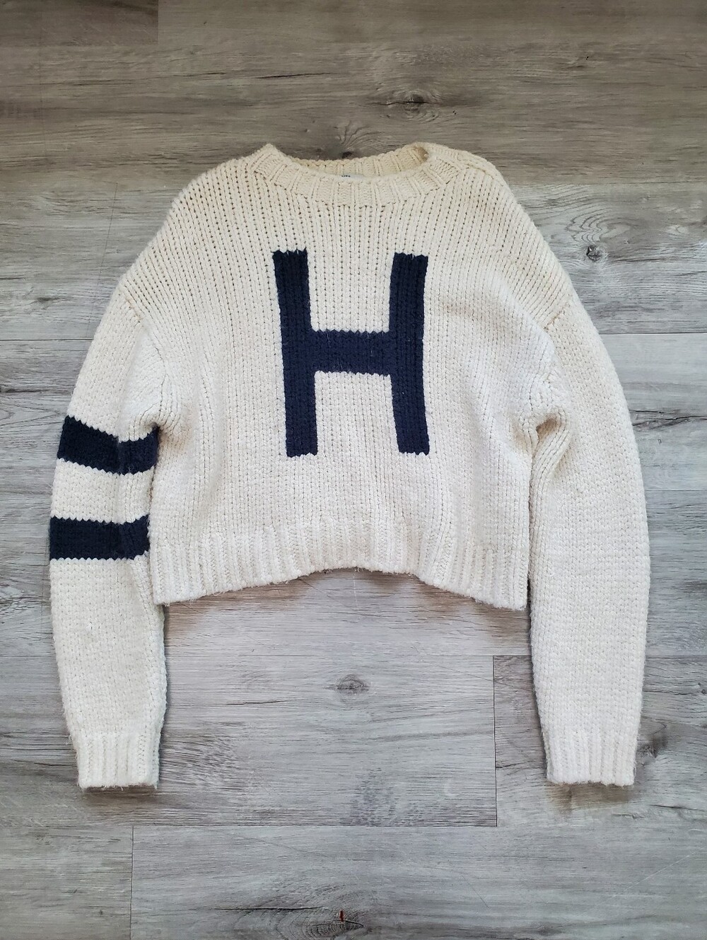Hollister Cream Cropped Knit Sweater with Navy 'H' and Stripe
